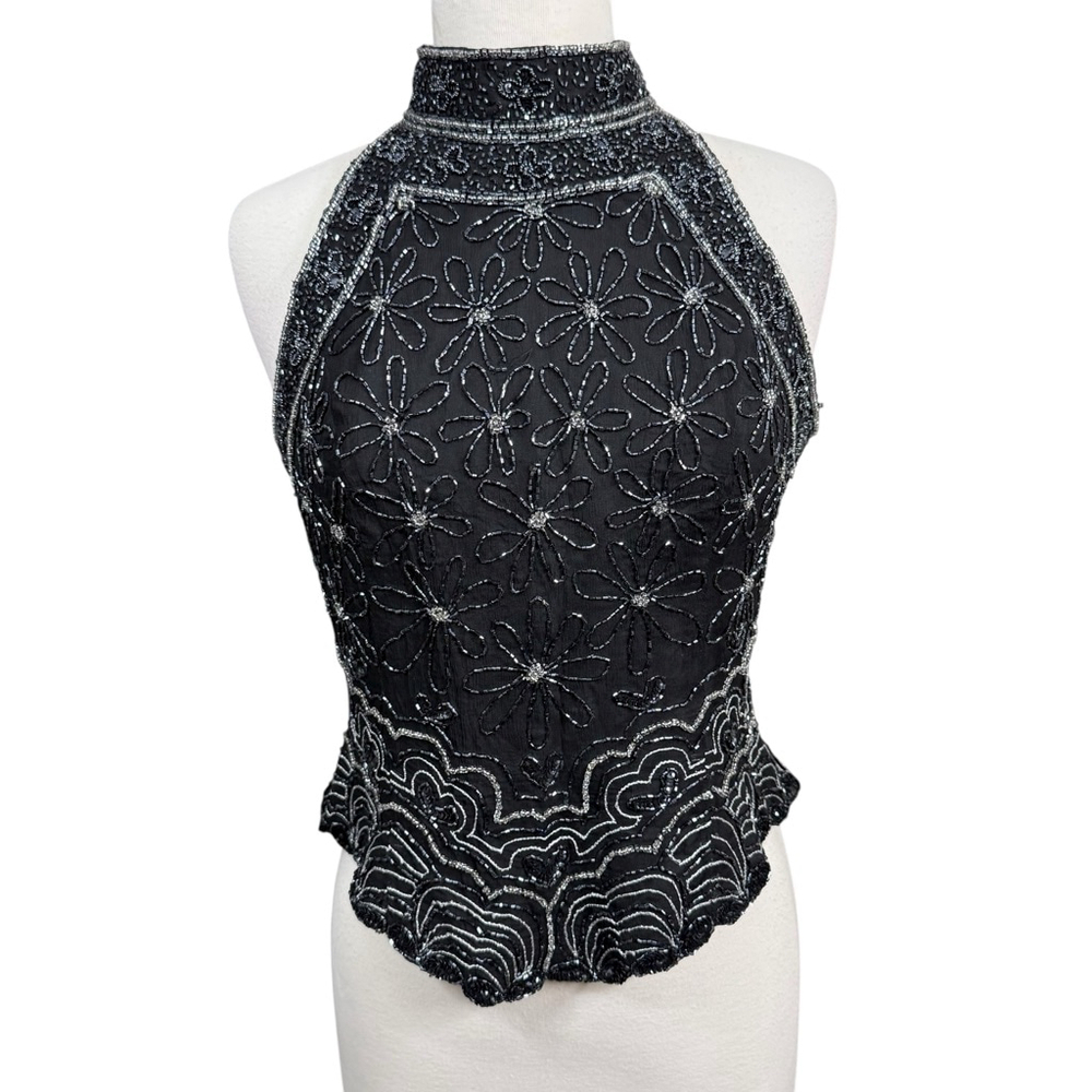 Adrianna Papell Boutique Evening Black Silk Beaded Halter Top Vintage M